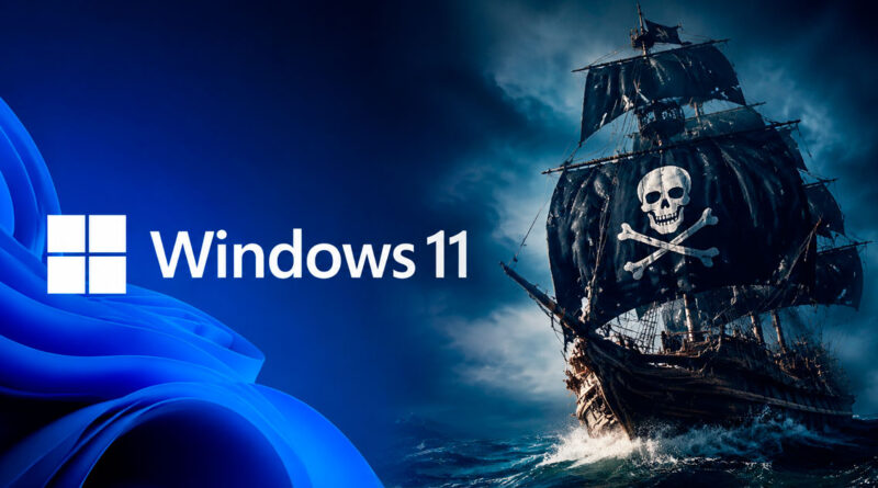 Логотип Windows 11 и пиратский корабль как символ борьбы Microsoft с эмуляцией KMS