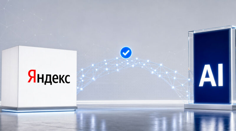 Логотип компании Яндекс и символ искусственного интеллекта на фоне обсуждения регулирования и проверки ИИ в России.